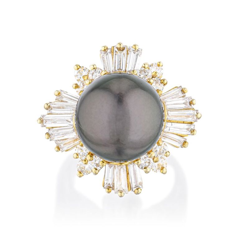 14k Gold Tahitian Pearl and Diamond Ballerina Ring