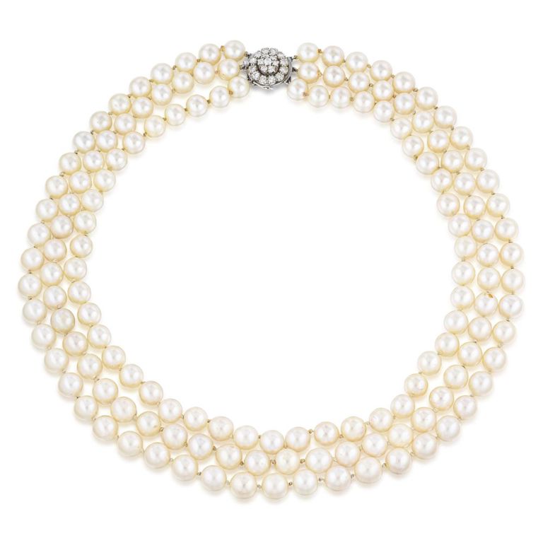 Three-Strand Pearl and Diamond Necklace