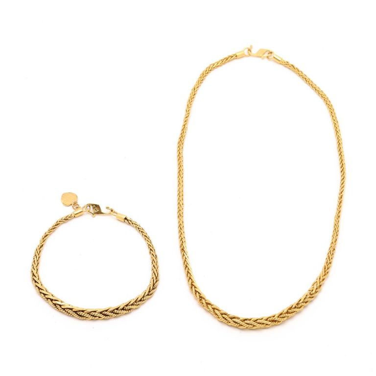 24k Yellow Gold Woven Necklace and Bracelet