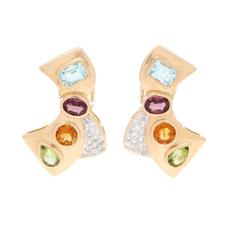 Gold and Multi-Gem Set Bow Motif Earrings
