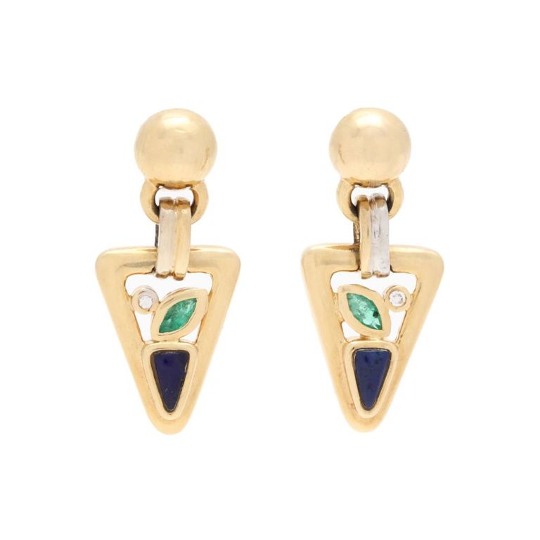 14k Gold Diamond Emerald and Lapis Earrings