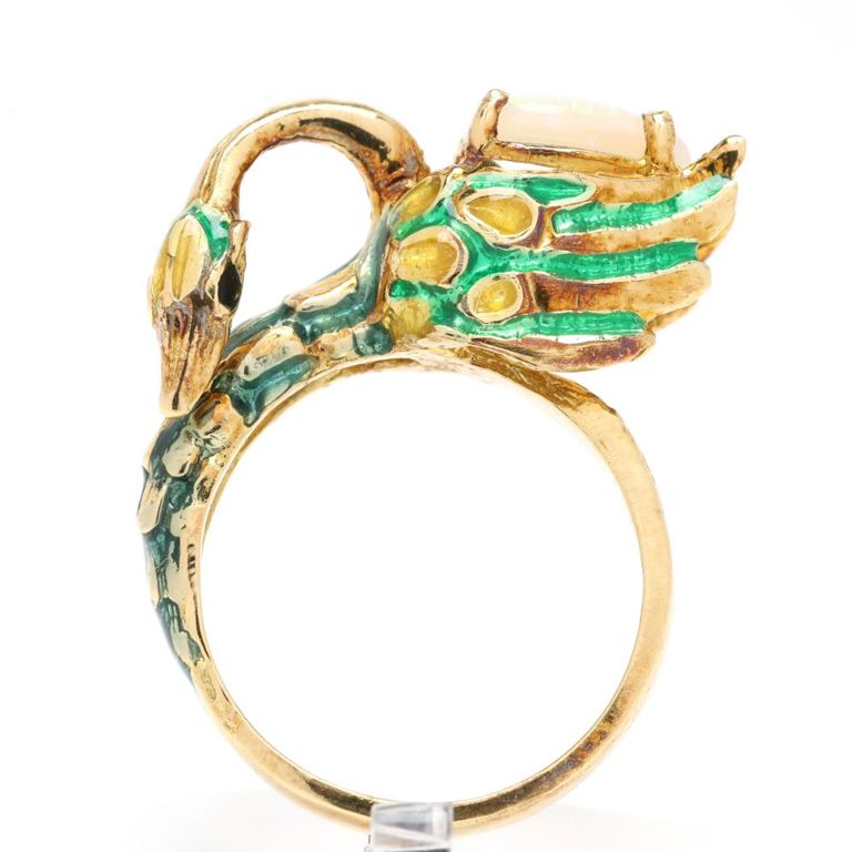 18k Gold Enamel and Opal Swan Ring
