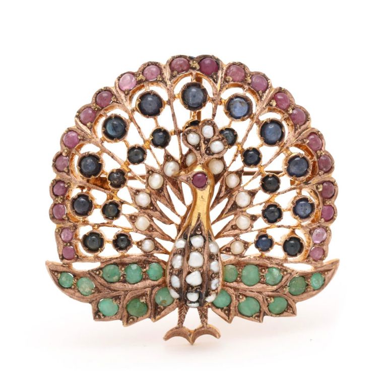 Gold and Gem-Set Peacock Motif Pendant/Brooch