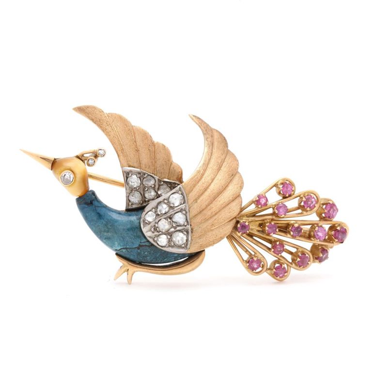 14k Gold Gem-Set Peacock Brooch