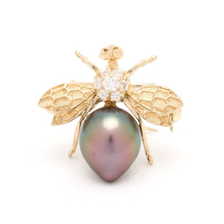 14k Gold Tahitian Pearl and Diamond Bee Brooch