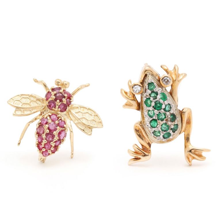 Gold and Gem-Set Bee and Frog Brooches