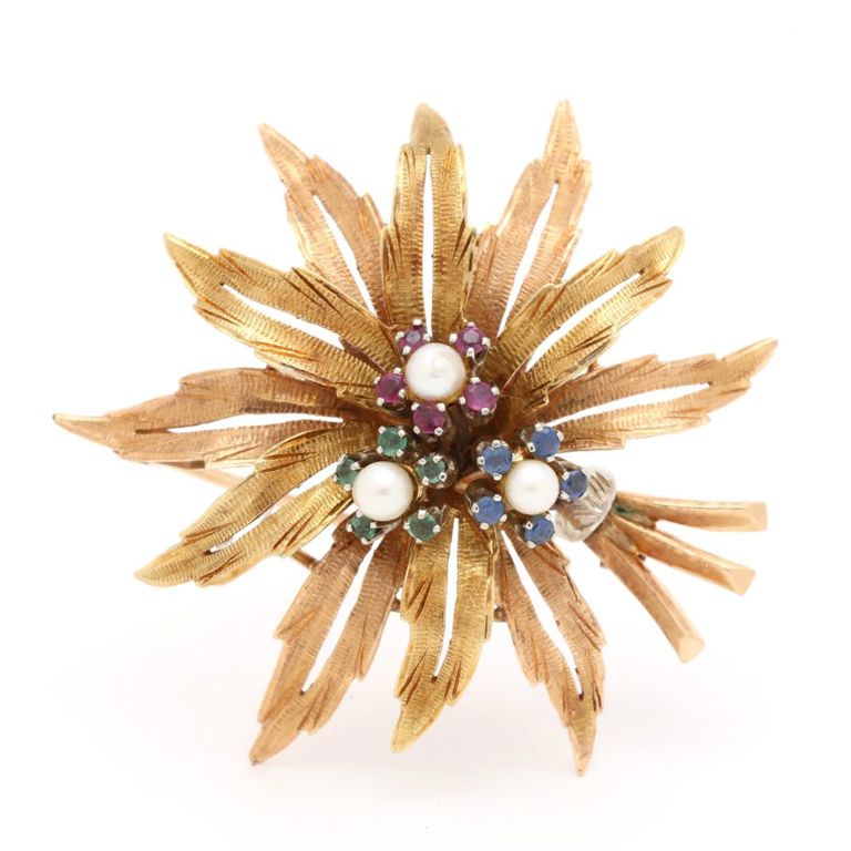 18k Gold Gem-Set and Pearl Flower Brooch