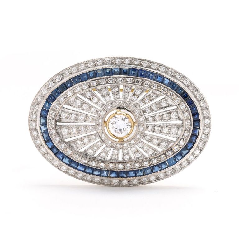 18k Two-Tone Gold Diamond and Sapphire Brooch