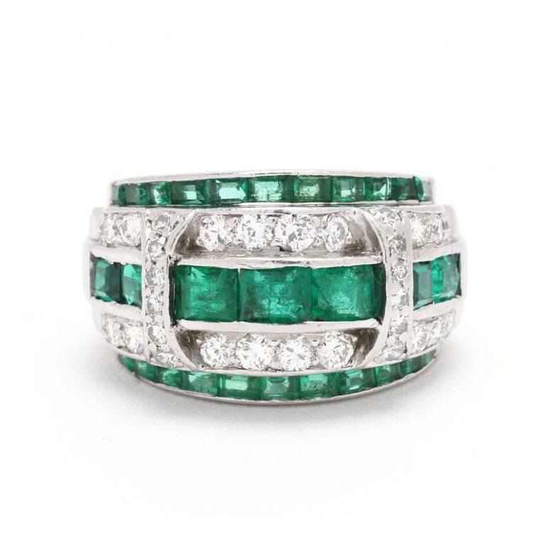 Platinum Diamond and Emerald Ring
