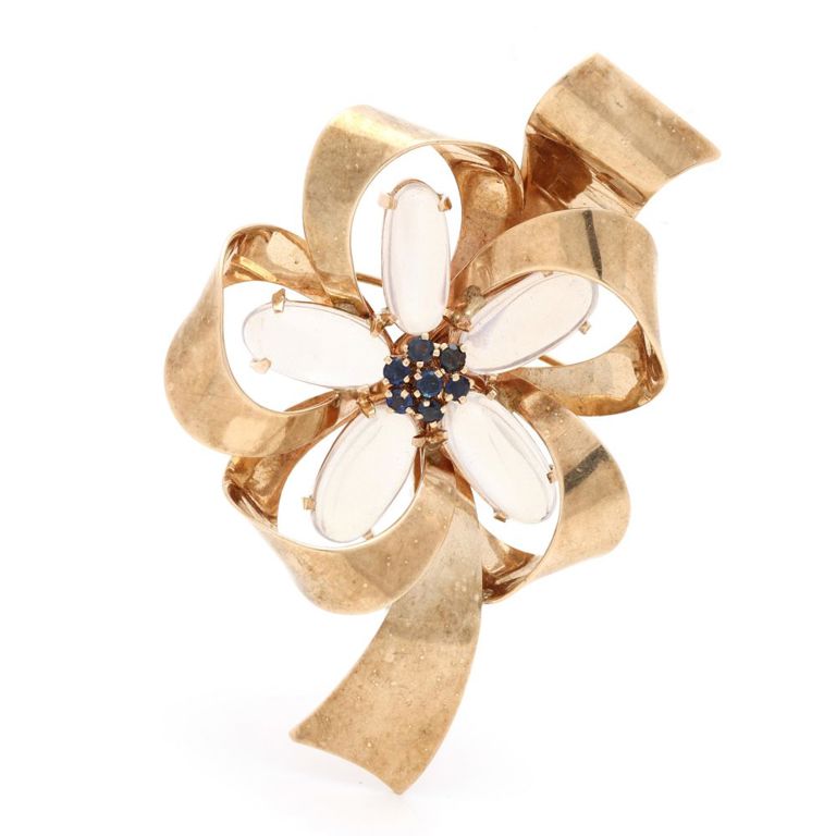 14k Yellow Gold Moonstone and Sapphire Brooch