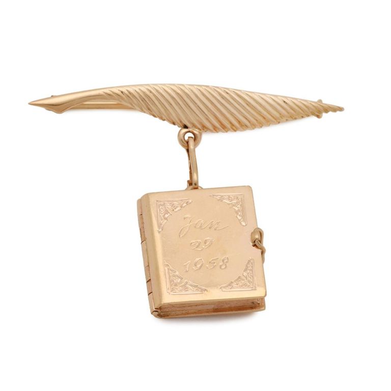 14k Gold Feather Brooch with Book Charm