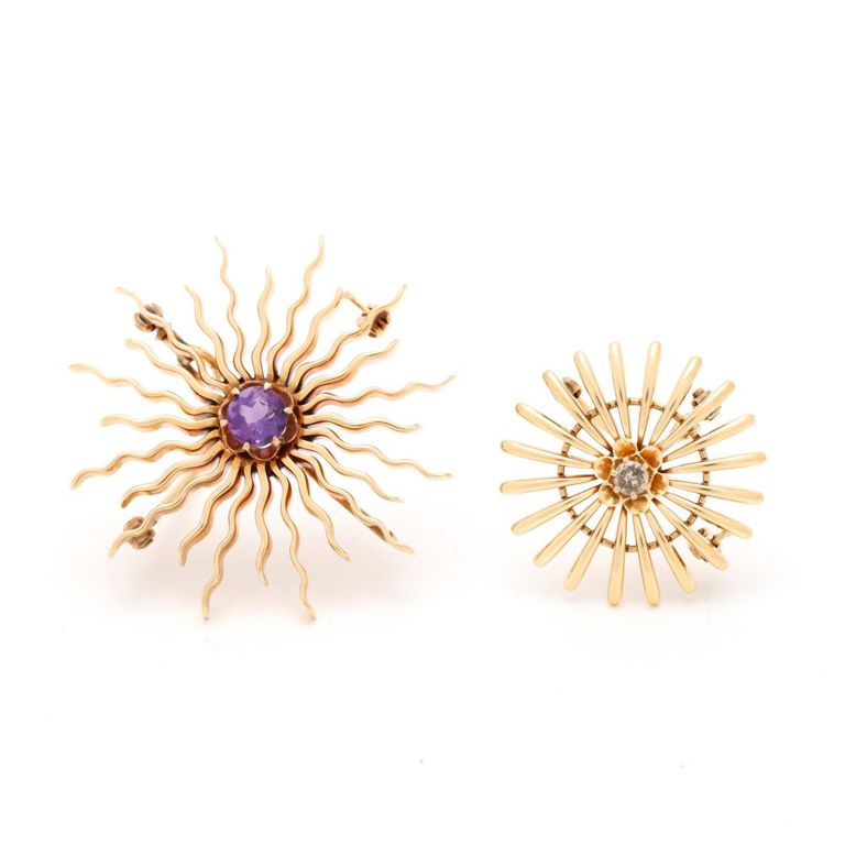 14k Gold Amethyst and Diamond Sunburst Brooches