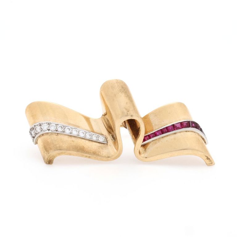 Retro Gold, Ruby and Diamond Ribbon Brooch