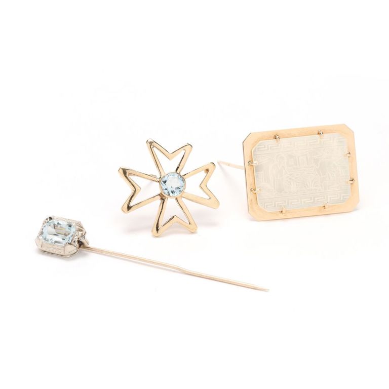 14k Gold Aquamarine Brooches and Stick Pin
