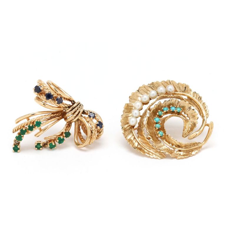 Two Gold and Gem-Set Brooches