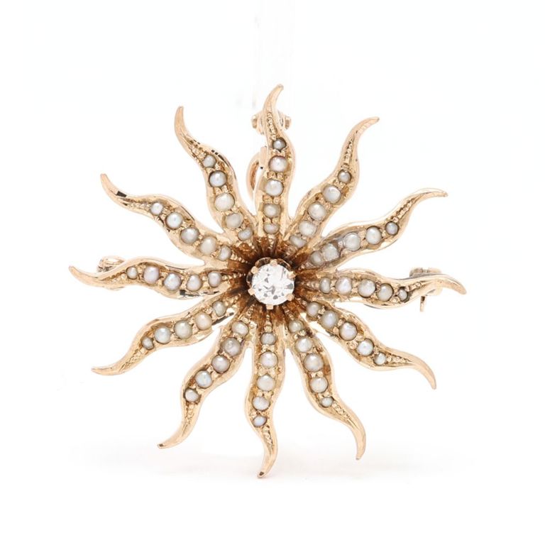 Diamond and Seed Pearl Sunburst Brooch
