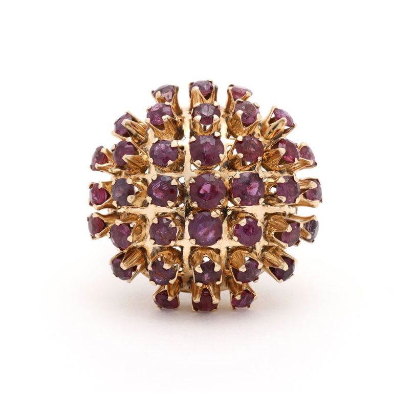 Retro Gold and Ruby Cluster Dome Ring