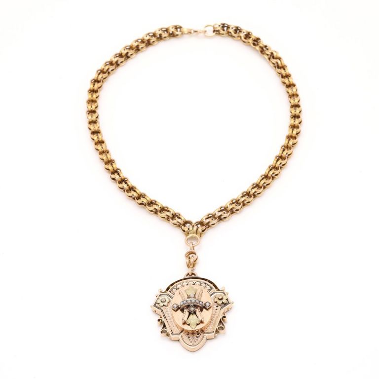 14k Gold Enamel and Seed Pearl Pendant Necklace