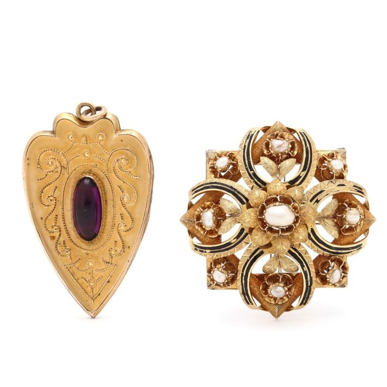18k Gold Pearl Brooch and Amethyst Locket