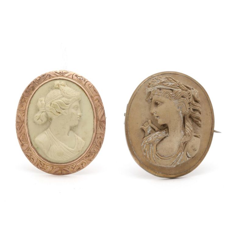 Two Antique Lava Stone Cameo Brooches
