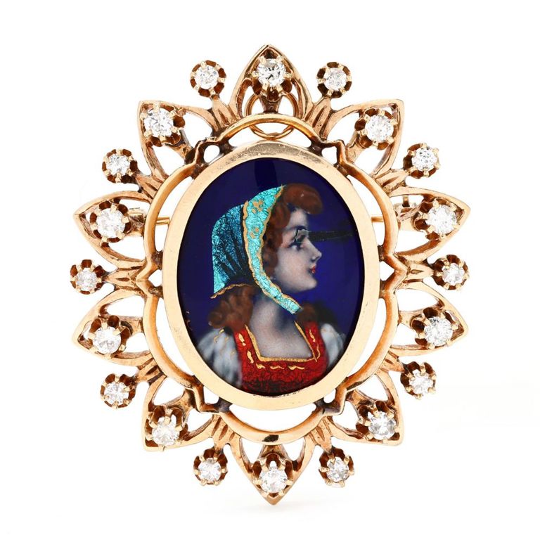 14k Gold Diamond and Enamel Brooch/Pendant