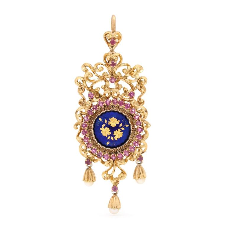 18k Gold Ruby and Enamel Pendant