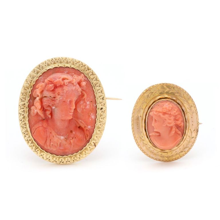 Two Vintage Gold and Coral Cameo Brooches