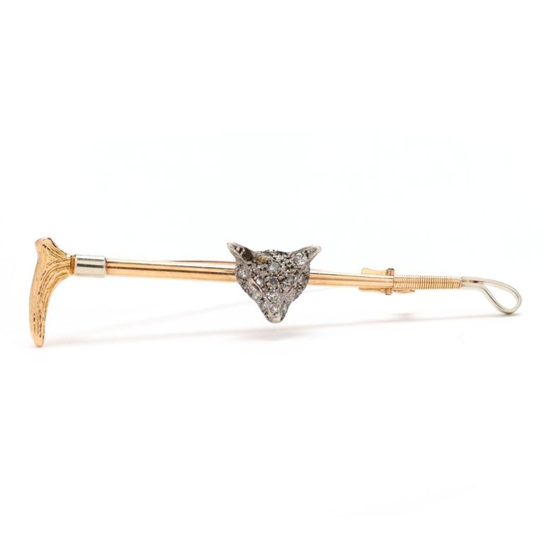Gold Fox and Diamond Bar Brooch