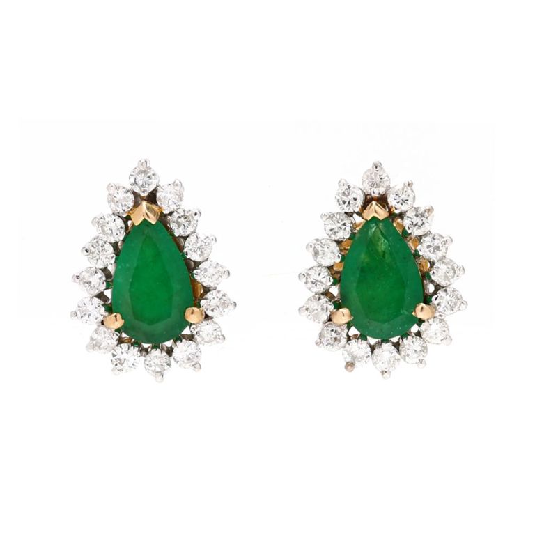 14k Gold Emerald and Diamond Stud Earrings