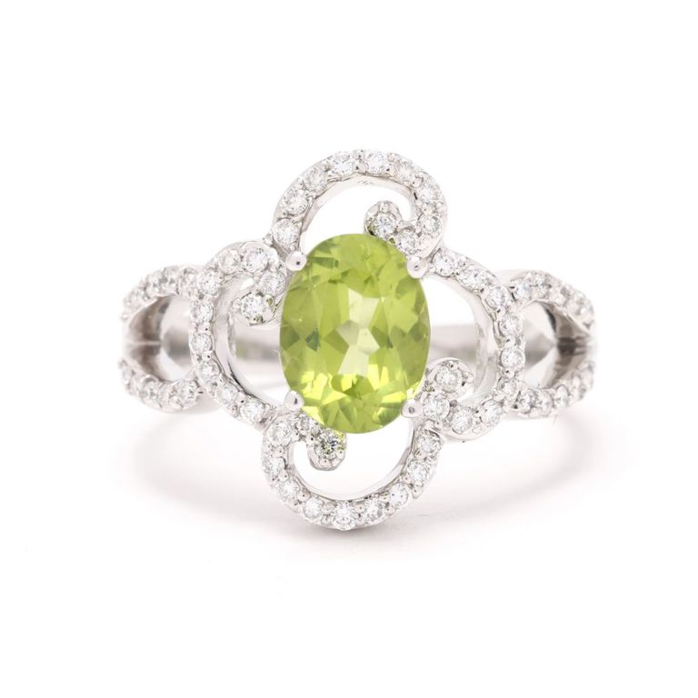 14k White Gold Peridot and Diamond Ring