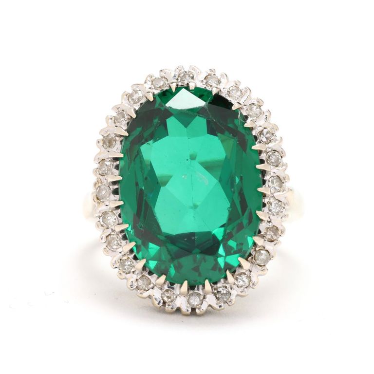 14k White Gold Green Glass and Diamond Ring
