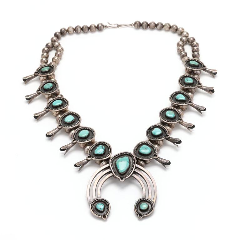 Sterling Silver Turquoise Squash Blossom Necklace
