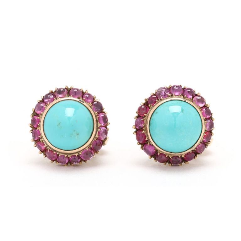 18k Gold Turquoise and Ruby Earrings