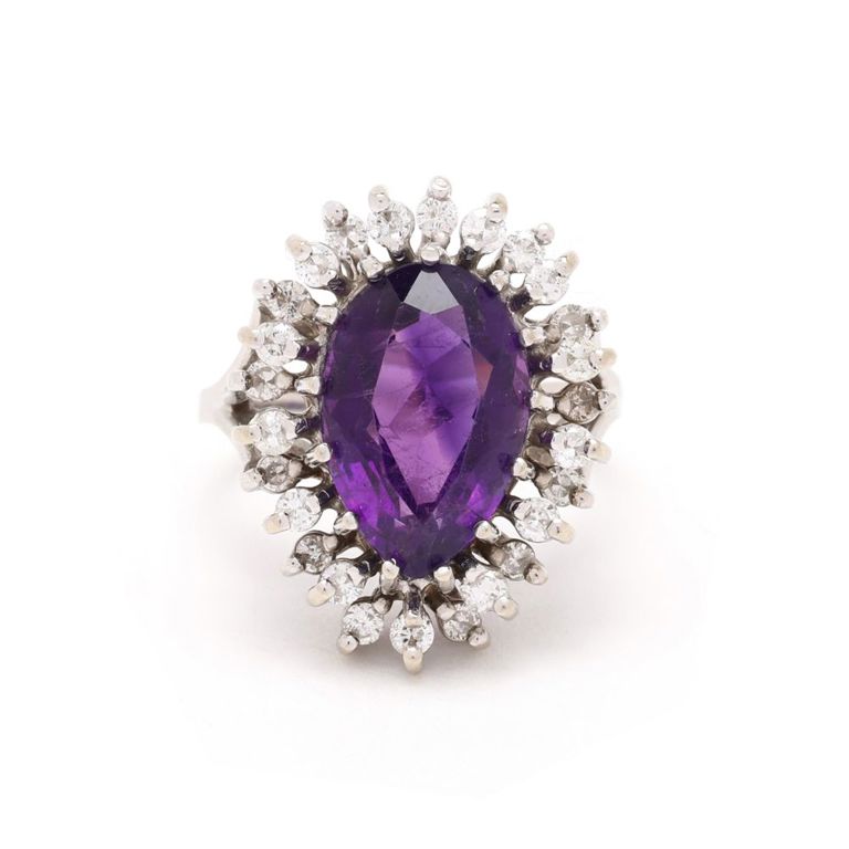 14k White Gold Amethyst and Diamond Ring