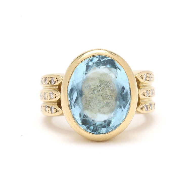 18k Gold Blue Topaz and Diamond Ring