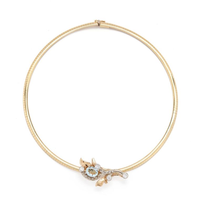 Gold Aquamarine and Diamond Omega Necklace