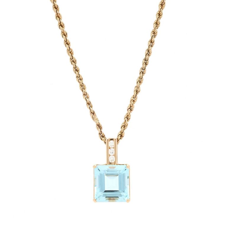 14k Gold Aquamarine and Diamond Pendant Necklace