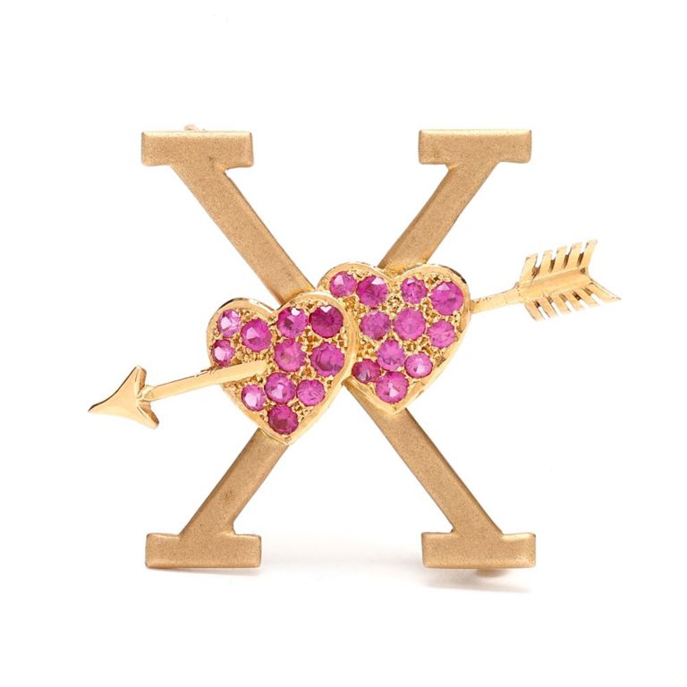 14k Gold Ruby 'X' Motif Brooch