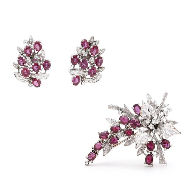 Ruby and Diamond Brooch and Earrings