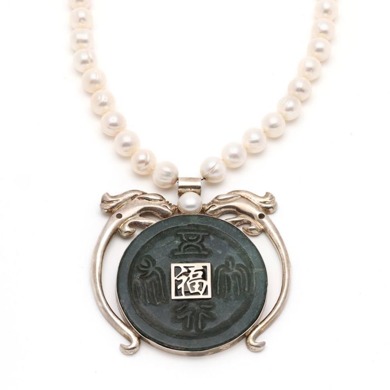 Silver Pearl and Hardstone Chinese Necklace