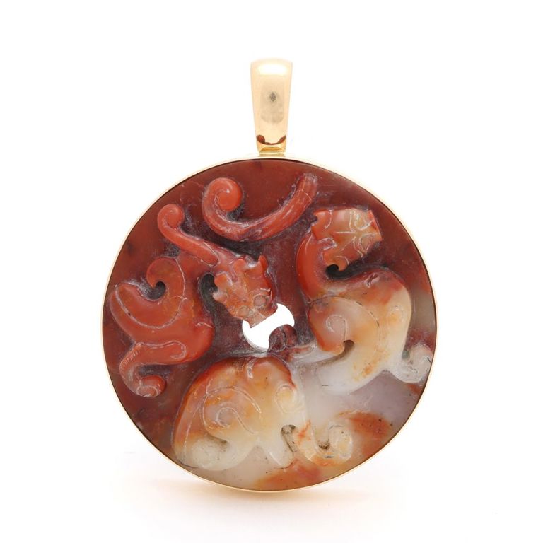 14k Gold Carved Jade Pendant