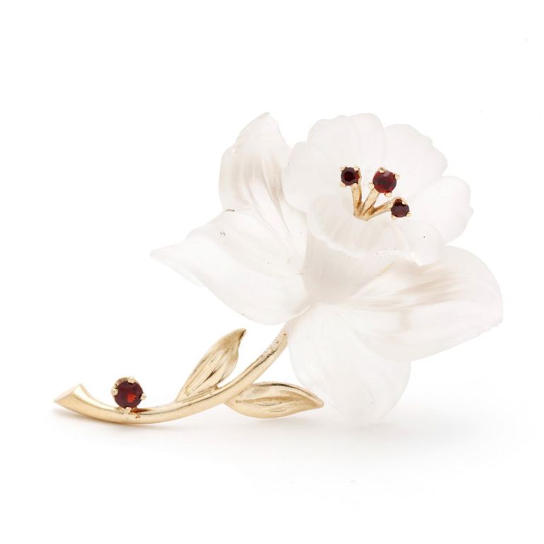 14k Gold Rock Crystal Gem-Set Floral Brooch