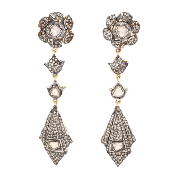 Silver Topped Gold Diamond Dangle Earrings
