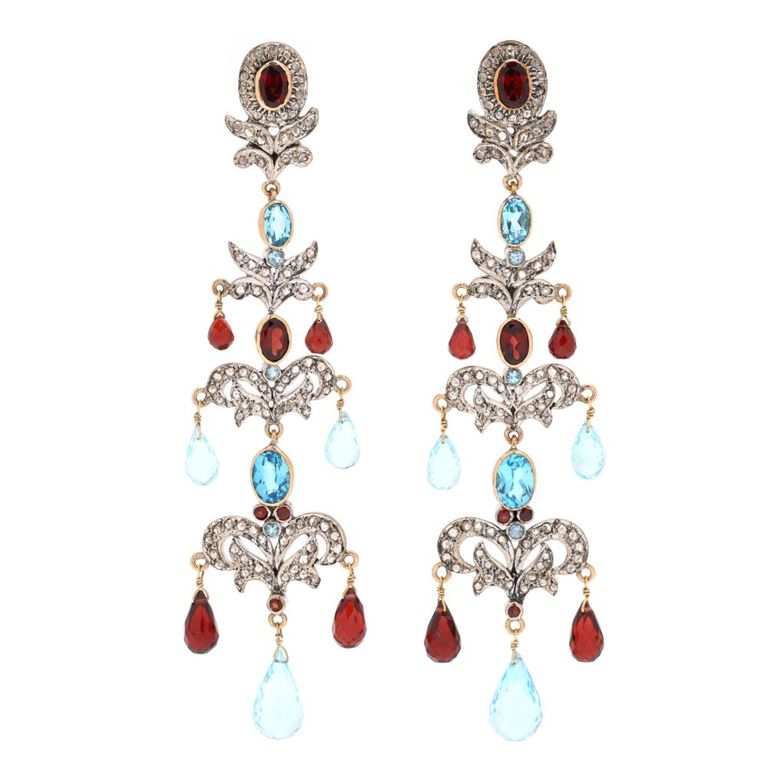 Silver Topped Gold Gem-Set Dangle Earrings