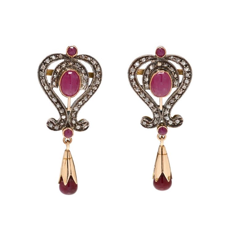 Silver Topped Gold Ruby and Diamond Earrings
