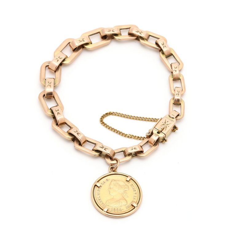 14k Gold Link Bracelet with Coin Charm