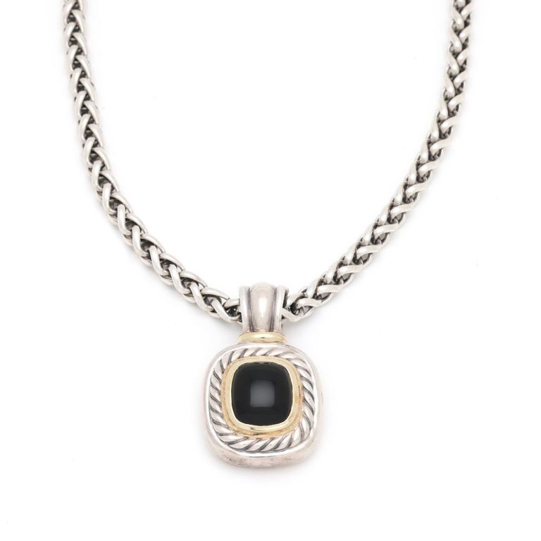 Sterling Silver, Gold, and Onyx Pendant Necklace