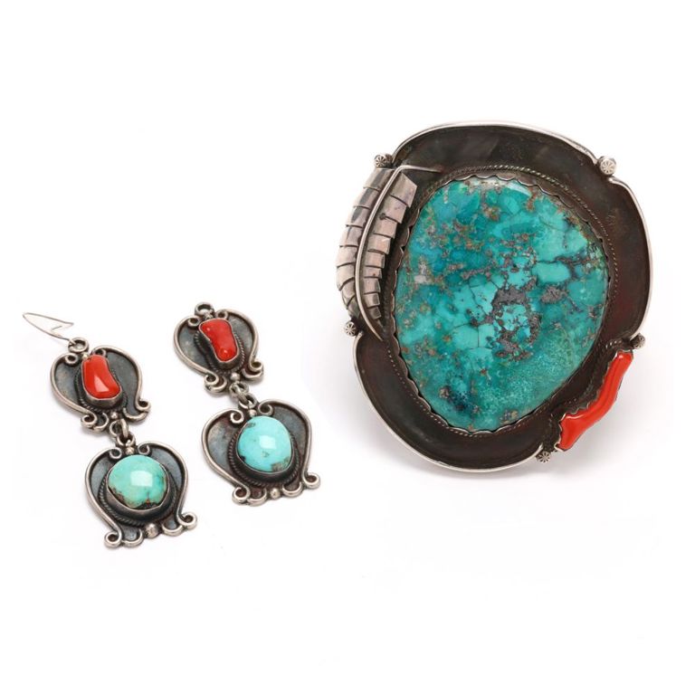Silver Turquoise and Coral Jewelry Set