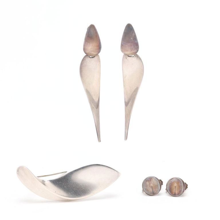 Modernist Sterling Silver Earrings and Brooch