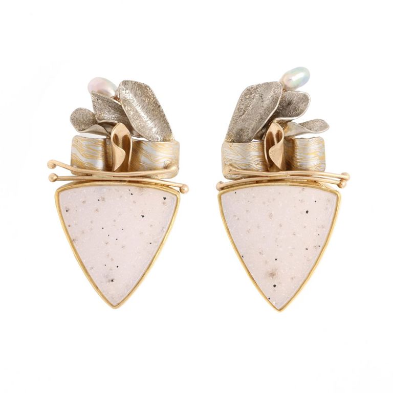 Mixed Metal Druzy Quartz and Pearl Earrings
